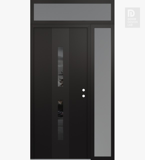 Modern Steel Front Door DIAMOND A6 48" X 96" BLACK/BLACK MIRRORED GLASS PANEL BLACK LHI WITH SIDELITE AND TRANSOM FROSTED GLASS