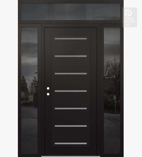 Modern Steel Front Door Diamond C11 60" x 96" black/white frosted Glass Panel black RHI with 2 Sidelites and Transom mirrored Glass