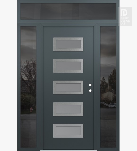 Modern Steel Front Door Diamond D1 64" x 96" anthracite/anthracite frosted Glass Panel stainless steel LHI with 2 Sidelites and Transom mirrored Glass