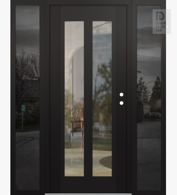 Modern Steel Front Door Diamond C14 60" x 80" black/black clear Glass Panel black LHI with 2 Sidelites mirrored Glass