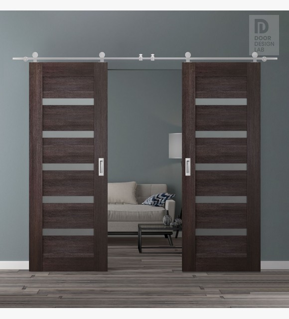 DOUBLE BARN DOOR AVON 07-04 VETRO VERALINGA OAK 72" X 96" X 1 3/4" STAINLESS STEEL HARDWARE