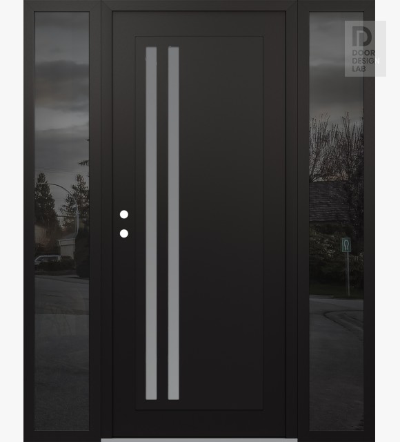Modern Steel Front Door Diamond C6 64" x 80" black/white frosted Glass Panel black RHI with 2 Sidelites mirrored Glass