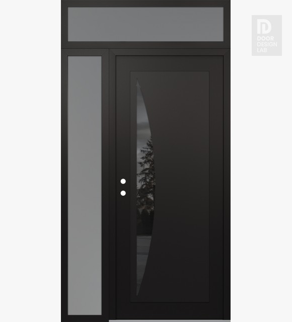 Modern Steel Front Door Diamond C13 48" x 96" black/black mirrored Glass Panel black RHI with Sidelite and Transom frosted Glass