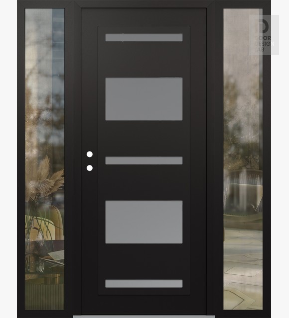 Modern Steel Front Door Diamond C10 60" x 80" black/white frosted Glass Panel black RHI with 2 Sidelites clear Glass