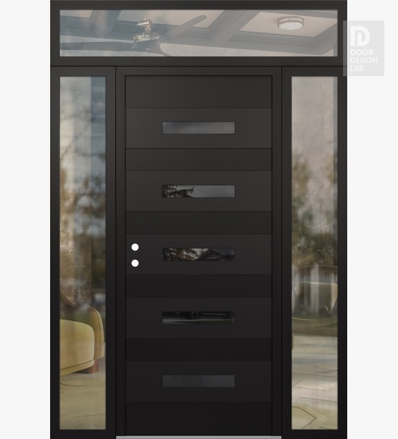 Modern Steel Front Door Diamond D9 60" x 96" black/black mirrored Glass Panel black RHI with 2 Sidelites and Transom clear Glass