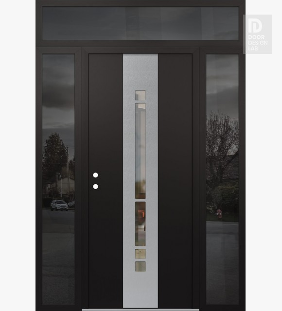 Modern Steel Front Door DIAMOND A3 64" X 96" BLACK/BLACK CLEAR GLASS PANEL STAINLESS STEEL RHI WITH 2 SIDELITES AND TRANSOM MIRRORED GLASS
