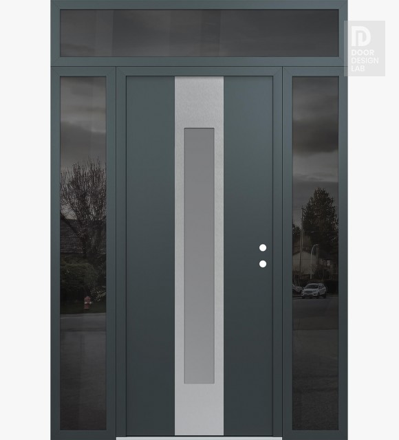 Modern Steel Front Door DIAMOND A1 60" X 96" ANTHRACITE/ANTHRACITE FROSTED GLASS PANEL STAINLESS STEEL LHI WITH 2 SIDELITES AND TRANSOM MIRRORED GLASS
