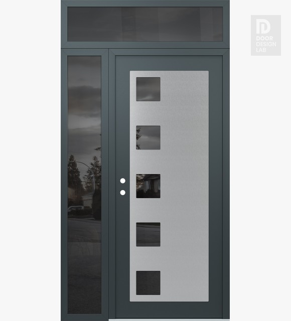 Modern Steel Front Door Diamond C5 50" x 96" anthracite/anthracite mirrored Glass Panel stainless steel RHI with Sidelite and Transom mirrored Glass