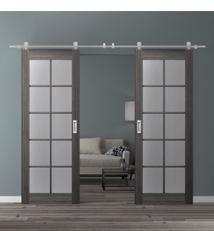 DOUBLE BARN DOOR PALLADIO 10 LITE VETRO GRAY OAK 36" X 80" X 1 9/16" TEMPERED FROSTED GLASS STAINLESS STEEL HARDWARE
