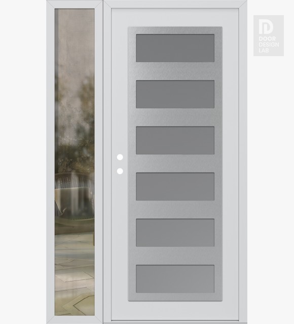 Modern Steel Front Door Diamond C9 52" x 80" white/white frosted Glass Panel stainless steel RHI with Sidelite clear Glass
