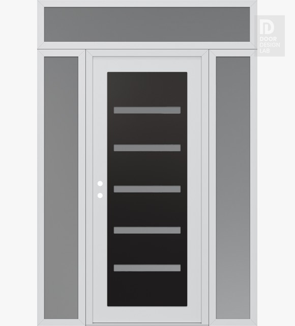 Modern Steel Front Door Diamond C7 68" x 96" white/white frosted Glass Panel black RHI with 2 Sidelites and Transom frosted Glass