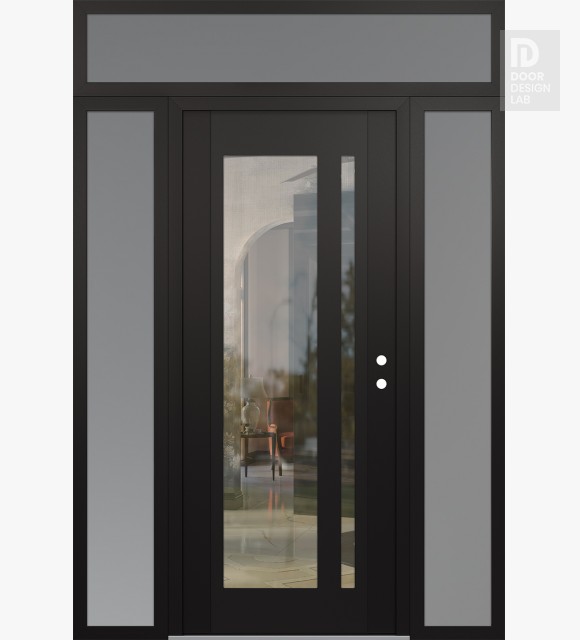 Modern Steel Front Door Diamond C15 64" x 96" black/black clear Glass Panel black LHI with 2 Sidelites and Transom frosted Glass