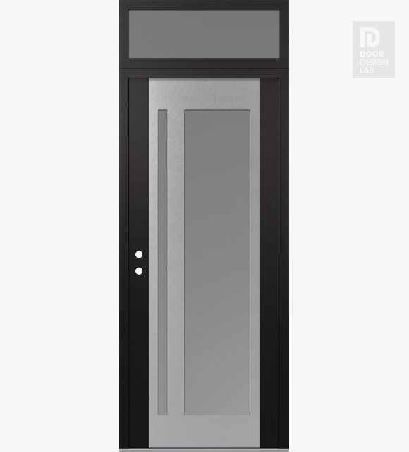 Modern Steel Front Door Diamond C15 36" x 96" black/white frosted Glass Panel stainless steel RHI with Transom frosted Glass