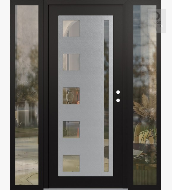 Modern Steel Front Door Diamond C3 60" x 80" black/black clear Glass Panel stainless steel LHI with 2 Sidelites clear Glass