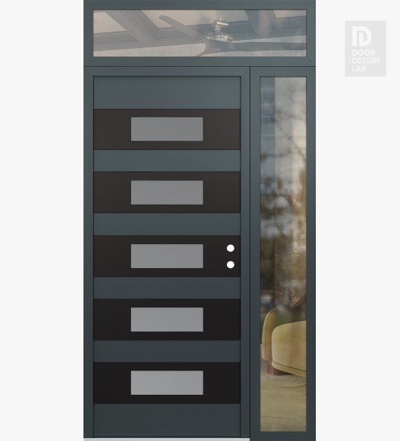 Modern Steel Front Door Diamond D5 50" x 96" anthracite/anthracite frosted Glass Panel black LHI with Sidelite and Transom clear Glass