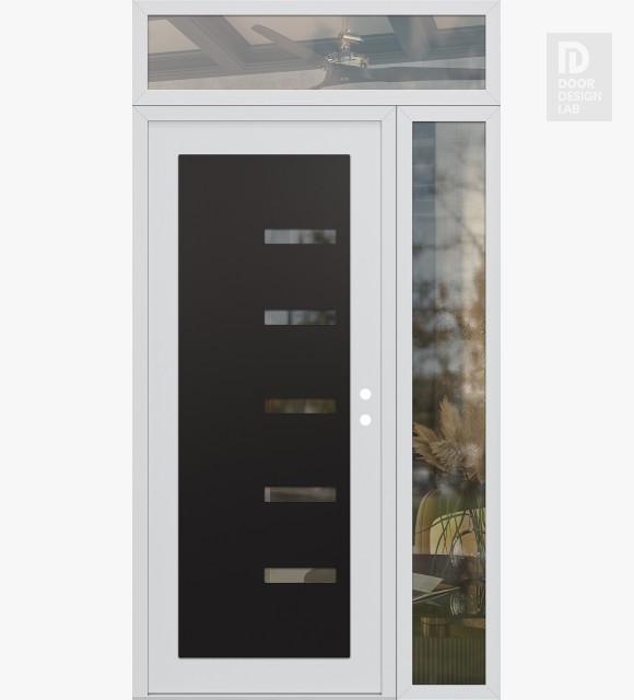 Modern Steel Front Door Diamond C8 50" x 96" white/white clear Glass Panel black LHI with Sidelite and Transom clear Glass