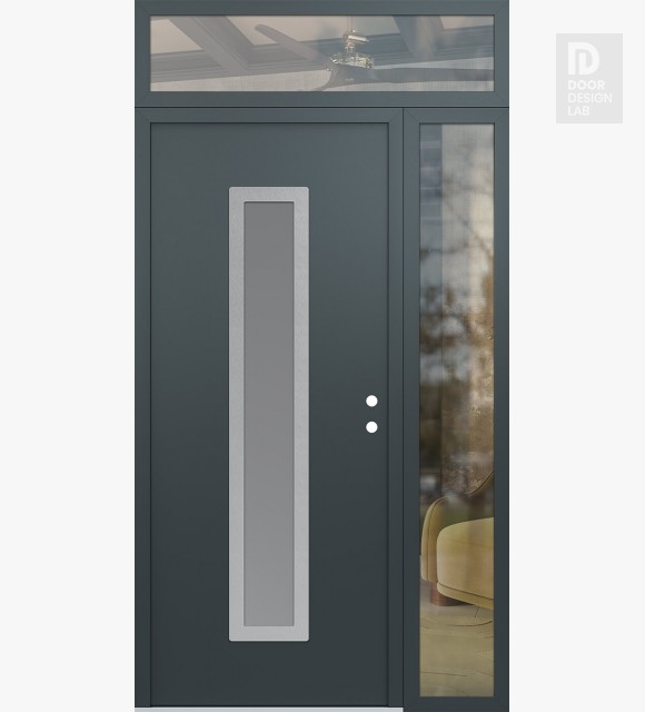 Modern Steel Front Door DIAMOND A11 52" X 96" ANTHRACITE/ANTHRACITE FROSTED GLASS PANEL STAINLESS STEEL LHI WITH SIDELITE AND TRANSOM CLEAR GLASS