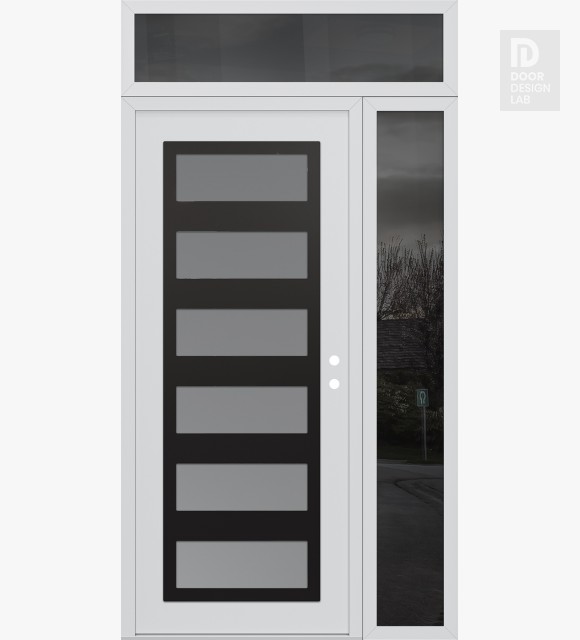 Modern Steel Front Door Diamond C9 52" x 96" white/white frosted Glass Panel black LHI with Sidelite and Transom mirrored Glass