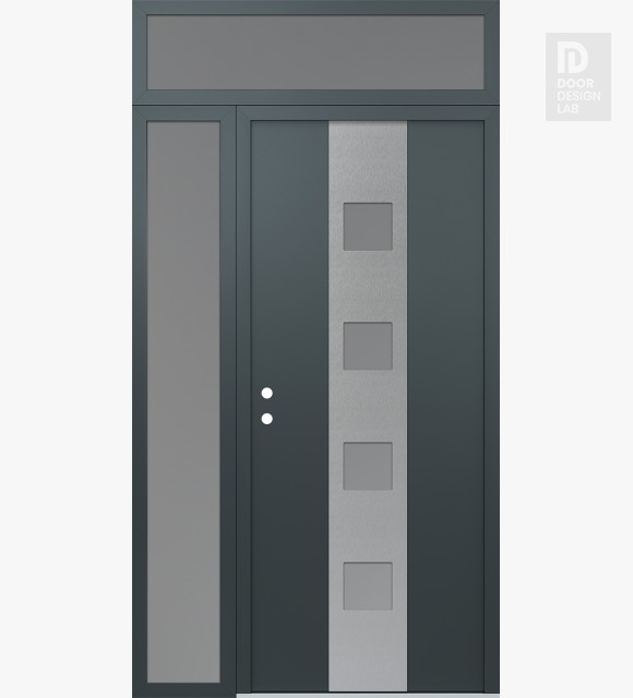 Modern Steel Front Door DIAMOND A12 48" X 96" ANTHRACITE/ANTHRACITE FROSTED GLASS PANEL STAINLESS STEEL RHI WITH SIDELITE AND TRANSOM FROSTED GLASS