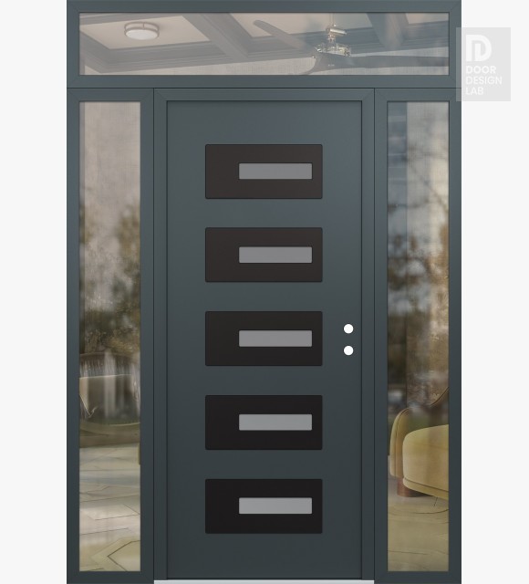 Modern Steel Front Door Diamond D6 60" x 96" anthracite/anthracite frosted Glass Panel black LHI with 2 Sidelites and Transom clear Glass