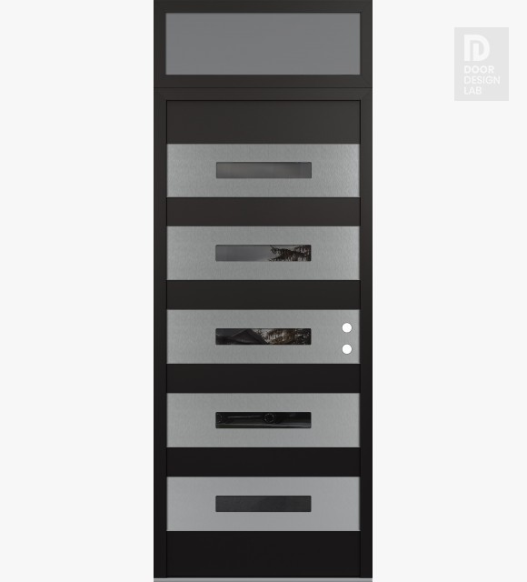 Modern Steel Front Door Diamond D9 36" x 96" black/black mirrored Glass Panel stainless steel LHI with Transom frosted Glass