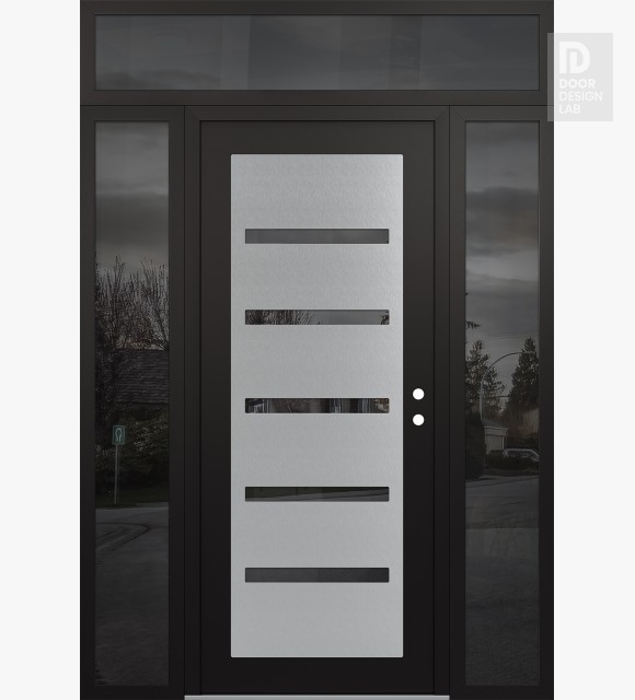Modern Steel Front Door Diamond C7 64" x 96" black/black mirrored Glass Panel stainless steel LHI with 2 Sidelites and Transom mirrored Glass