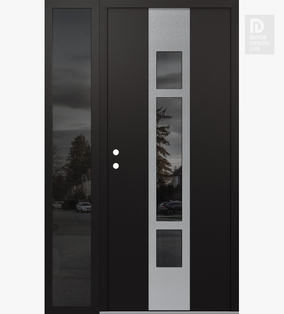 Modern Steel Front Door DIAMOND A9 50" X 80" BLACK/BLACK MIRRORED GLASS PANEL STAINLESS STEEL RHI WITH SIDELITE MIRRORED GLASS