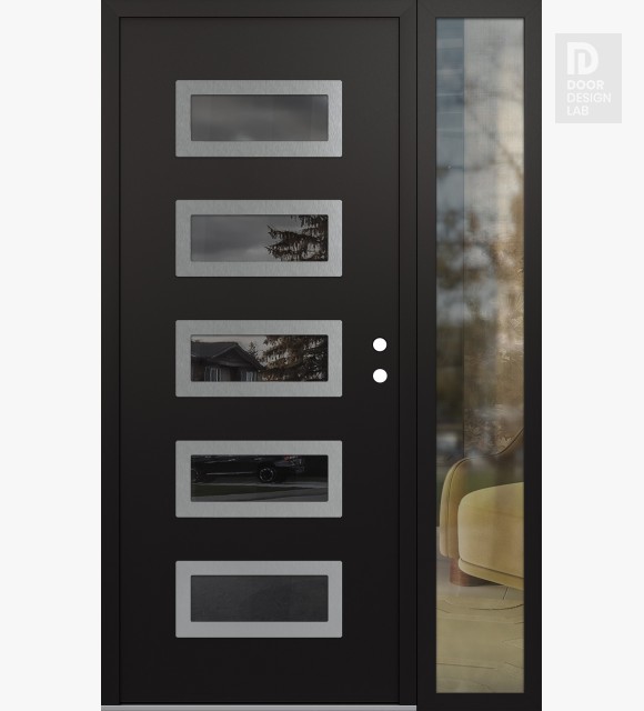 Modern Steel Front Door Diamond D1 48" x 80" black/black mirrored Glass Panel stainless steel LHI with Sidelite clear Glass
