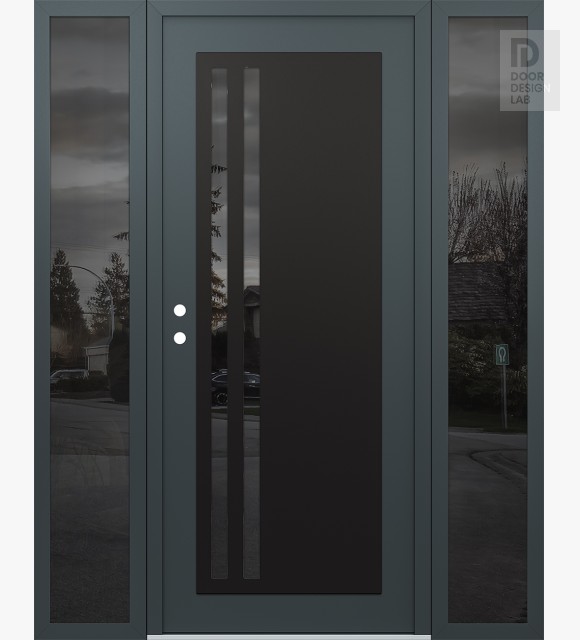 Modern Steel Front Door Diamond C6 68" x 80" anthracite/anthracite mirrored Glass Panel black RHI with 2 Sidelites mirrored Glass