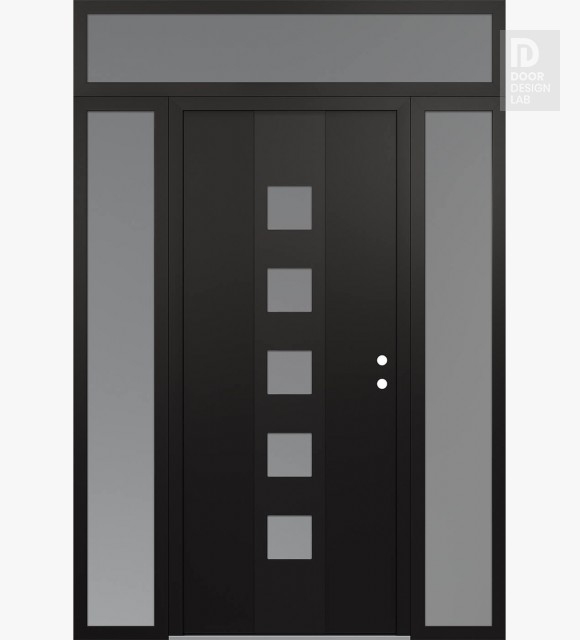 Modern Steel Front Door DIAMOND A13 60" X 96" BLACK/WHITE FROSTED GLASS PANEL BLACK LHI WITH 2 SIDELITES AND TRANSOM FROSTED GLASS