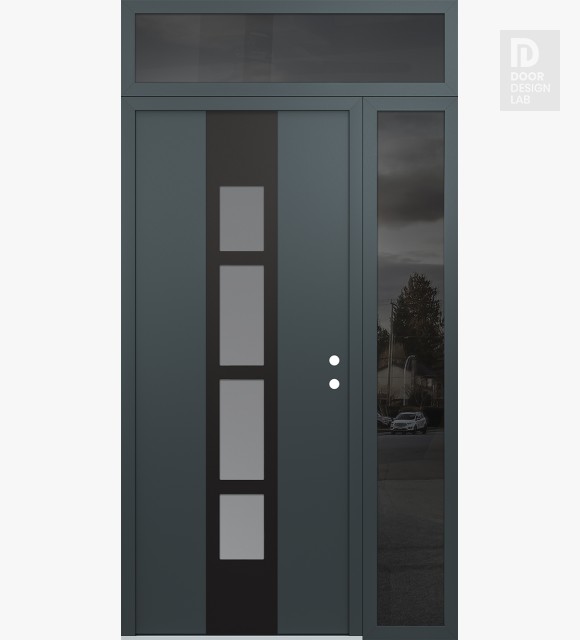 Modern Steel Front Door DIAMOND A10 48" X 96" ANTHRACITE/ANTHRACITE FROSTED GLASS PANEL BLACK LHI WITH SIDELITE AND TRANSOM MIRRORED GLASS