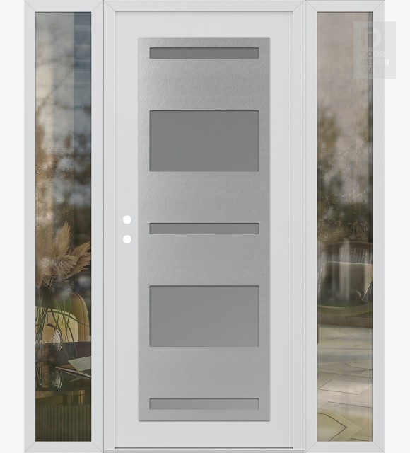 Modern Steel Front Door Diamond C10 60" x 80" white/white frosted Glass Panel stainless steel RHI with 2 Sidelites clear Glass