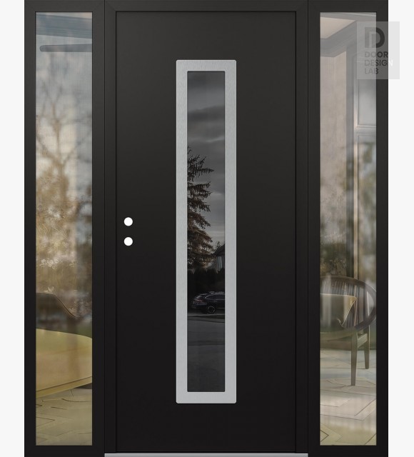 Modern Steel Front Door DIAMOND A11 64" X 80" BLACK/BLACK MIRRORED GLASS PANEL STAINLESS STEEL RHI WITH 2 SIDELITES CLEAR GLASS