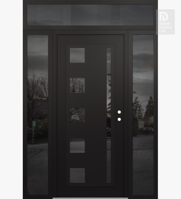 Modern Steel Front Door Diamond C3 60" x 96" black/black mirrored Glass Panel black LHI with 2 Sidelites and Transom mirrored Glass