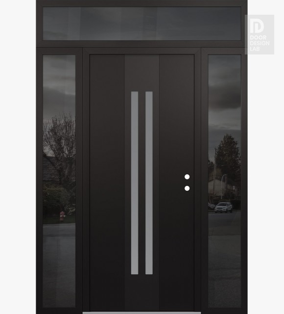 Modern Steel Front Door DIAMOND A8 64" X 96" BLACK/WHITE FROSTED GLASS PANEL BLACK LHI WITH 2 SIDELITES AND TRANSOM MIRRORED GLASS