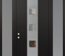 Modern Steel Front Door DIAMOND A12 64" X 96" BLACK/BLACK CLEAR GLASS PANEL STAINLESS STEEL RHI WITH 2 SIDELITES AND TRANSOM FROSTED GLASS