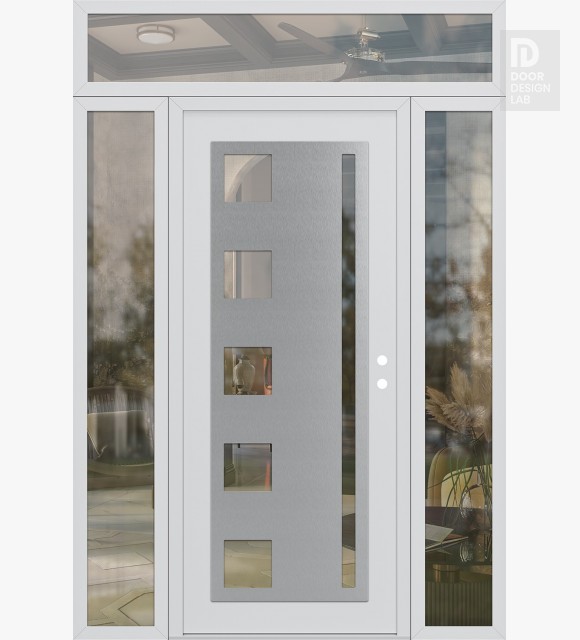 Modern Steel Front Door Diamond C3 60" x 96" white/white clear Glass Panel stainless steel LHI with 2 Sidelites and Transom clear Glass