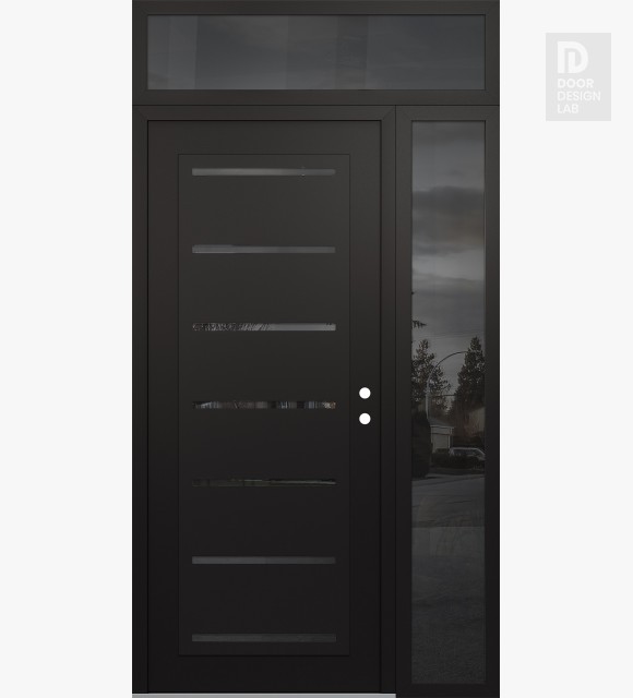Modern Steel Front Door Diamond C11 52" x 96" black/black mirrored Glass Panel black LHI with Sidelite and Transom mirrored Glass