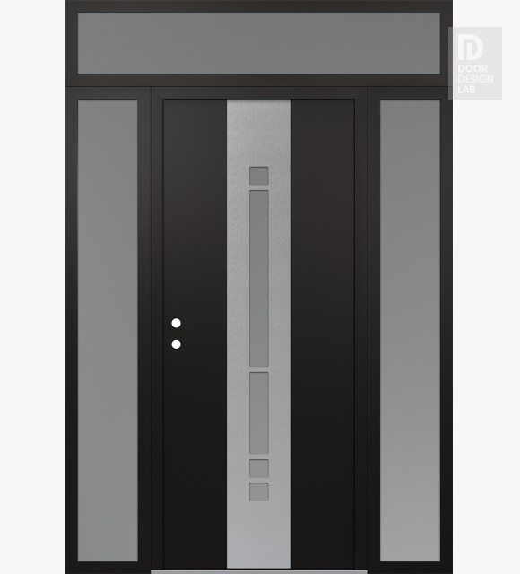 Modern Steel Front Door DIAMOND A3 60" X 96" BLACK/WHITE FROSTED GLASS PANEL STAINLESS STEEL RHI WITH 2 SIDELITES AND TRANSOM FROSTED GLASS