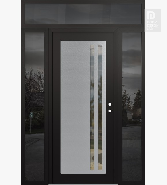 Modern Steel Front Door Diamond C6 64" x 96" black/black clear Glass Panel stainless steel LHI with 2 Sidelites and Transom mirrored Glass
