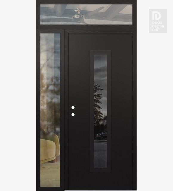 Modern Steel Front Door DIAMOND A11 52" X 96" BLACK/BLACK MIRRORED GLASS PANEL BLACK RHI WITH SIDELITE AND TRANSOM CLEAR GLASS