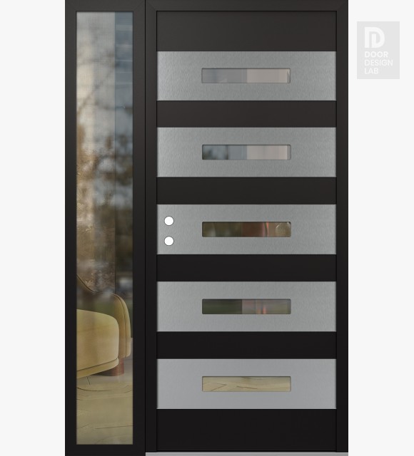 Modern Steel Front Door Diamond D9 50" x 80" black/black clear Glass Panel stainless steel RHI with Sidelite clear Glass