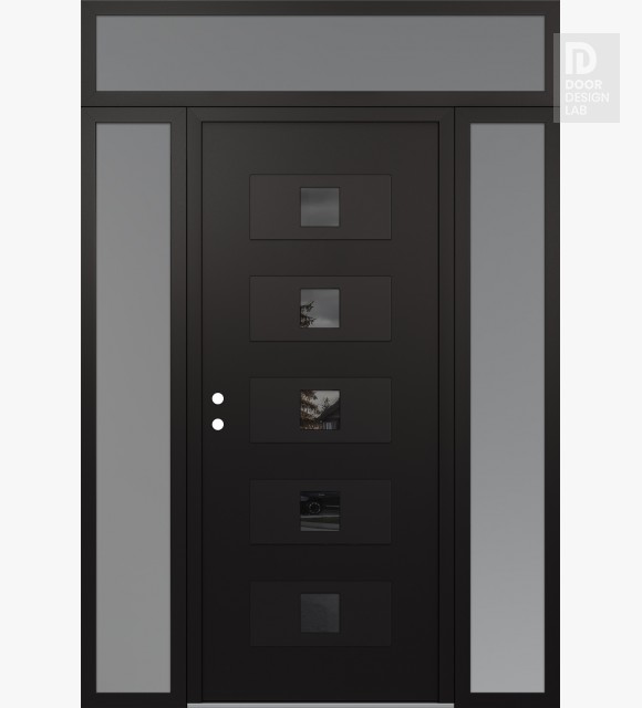 Modern Steel Front Door Diamond D8 68" x 96" black/black mirrored Glass Panel black RHI with 2 Sidelites and Transom frosted Glass