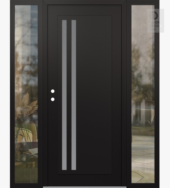 Modern Steel Front Door Diamond C6 60" x 80" black/white frosted Glass Panel black RHI with 2 Sidelites clear Glass