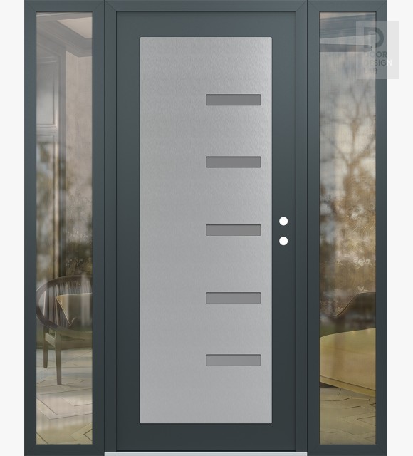 Modern Steel Front Door Diamond C8 68" x 80" anthracite/anthracite frosted Glass Panel stainless steel LHI with 2 Sidelites clear Glass