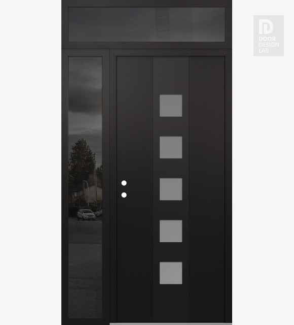 Modern Steel Front Door DIAMOND A13 50" X 96" BLACK/WHITE FROSTED GLASS PANEL BLACK RHI WITH SIDELITE AND TRANSOM MIRRORED GLASS