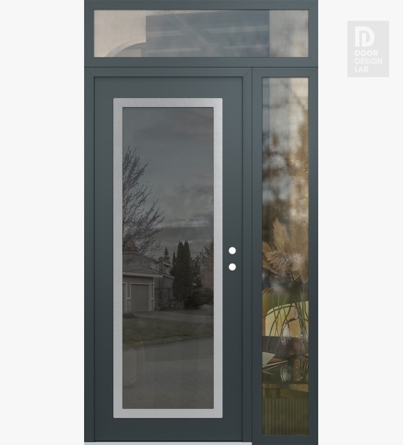 Modern Steel Front Door Diamond C1 48" x 96" anthracite/anthracite mirrored Glass Panel stainless steel LHI with Sidelite and Transom clear Glass