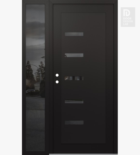 Modern Steel Front Door Diamond C8 50" x 80" black/black mirrored Glass Panel black RHI with Sidelite mirrored Glass
