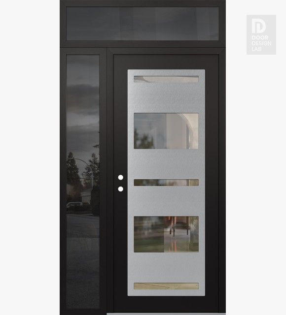 Modern Steel Front Door Diamond C10 48" x 96" black/black clear Glass Panel stainless steel RHI with Sidelite and Transom mirrored Glass