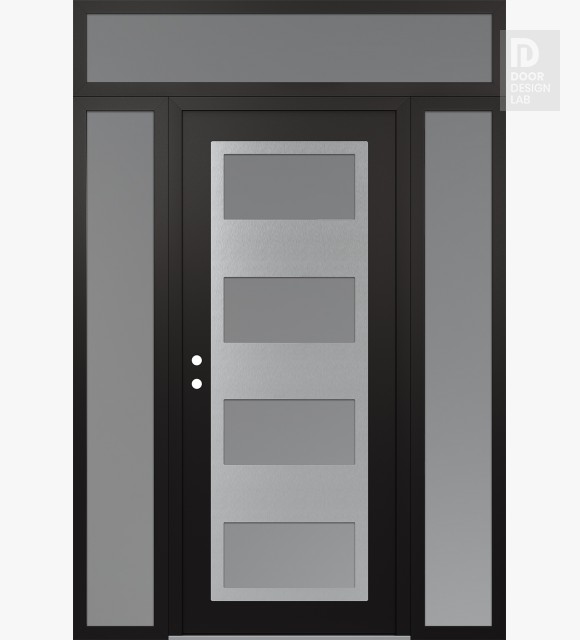 Modern Steel Front Door Diamond C2 60" x 96" black/white frosted Glass Panel stainless steel RHI with 2 Sidelites and Transom frosted Glass